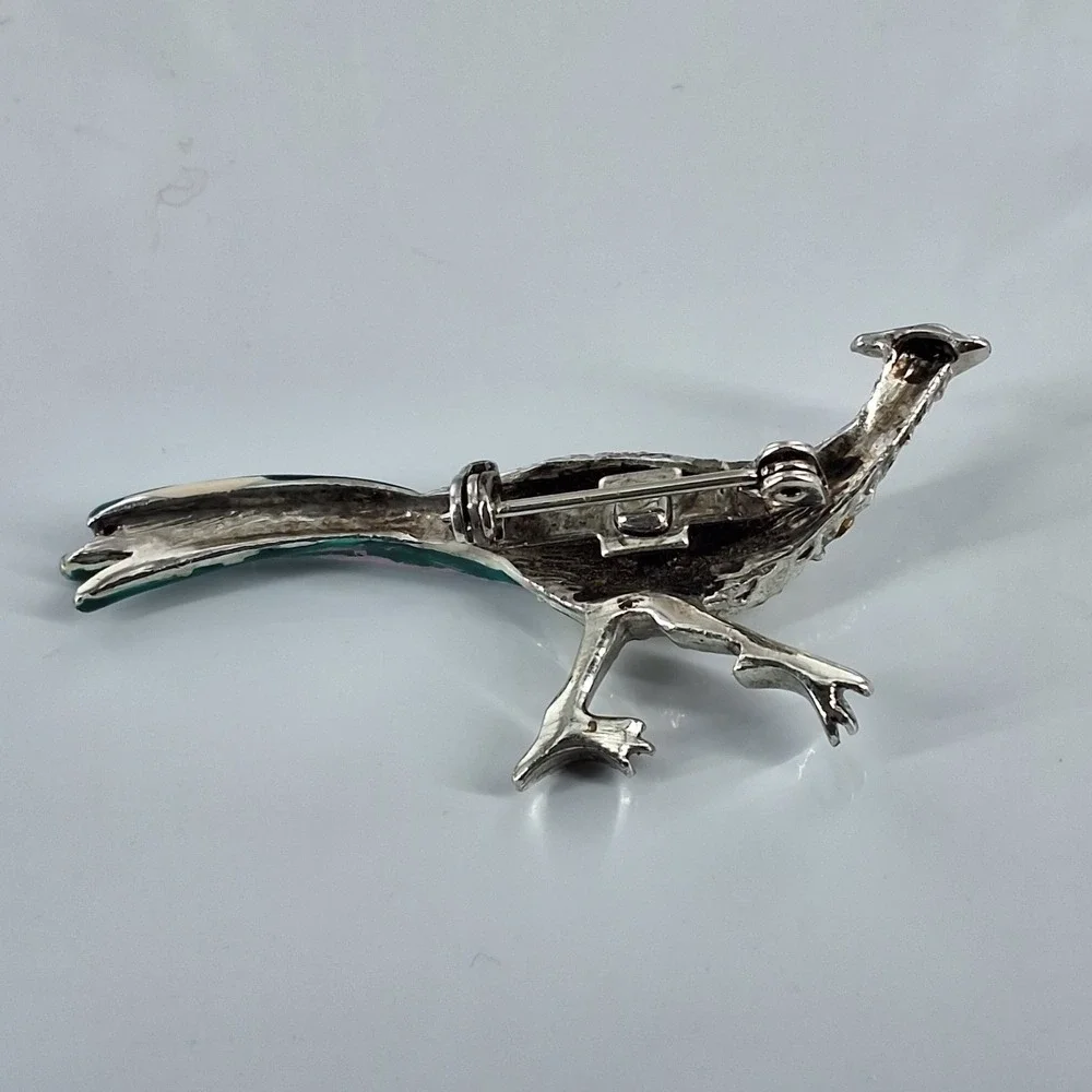 Vintage Silver Tone Teal Enamel Rhinestone Peacock Bird Brooch Pin Figural Art‎